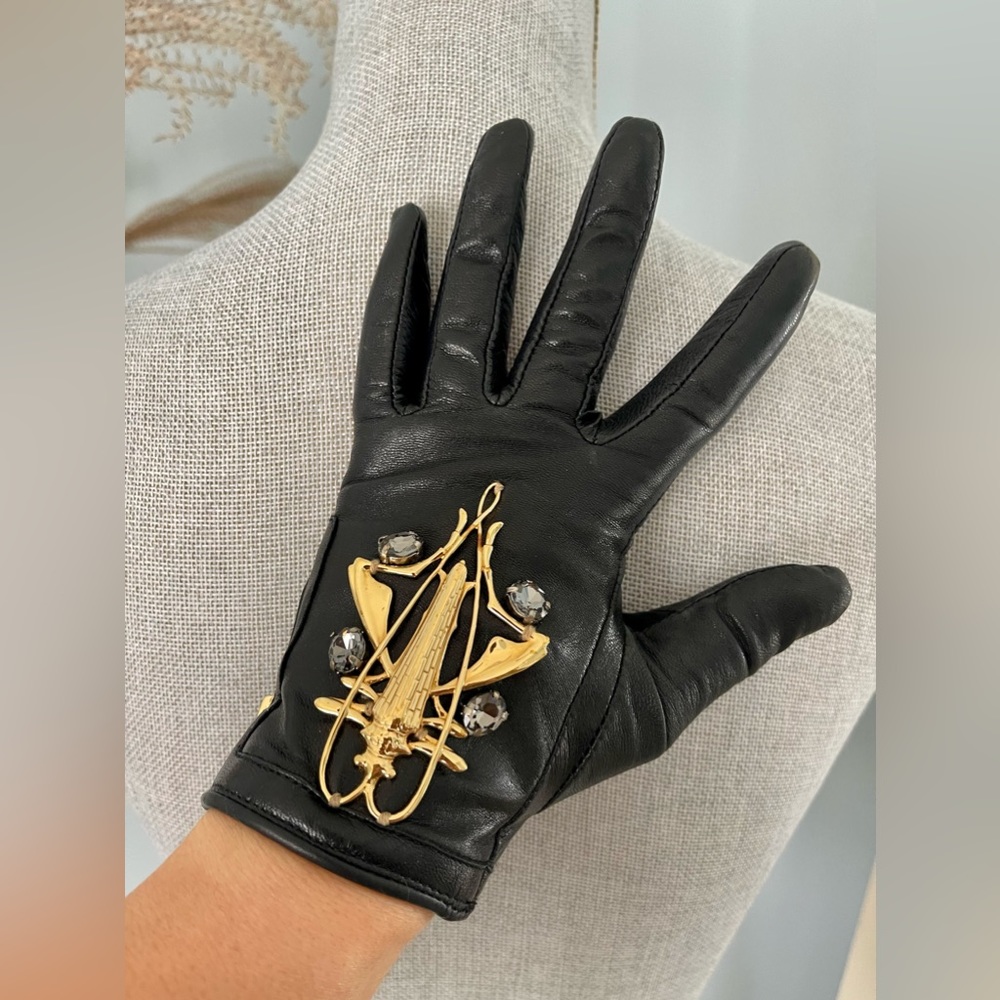 Rare Tory Burch Locust Black Leather Gloves. Size 6.5 View 2